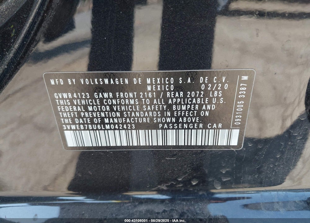 2020 VOLKSWAGEN JETTA VIN: 3VWEB7BU6LM042423