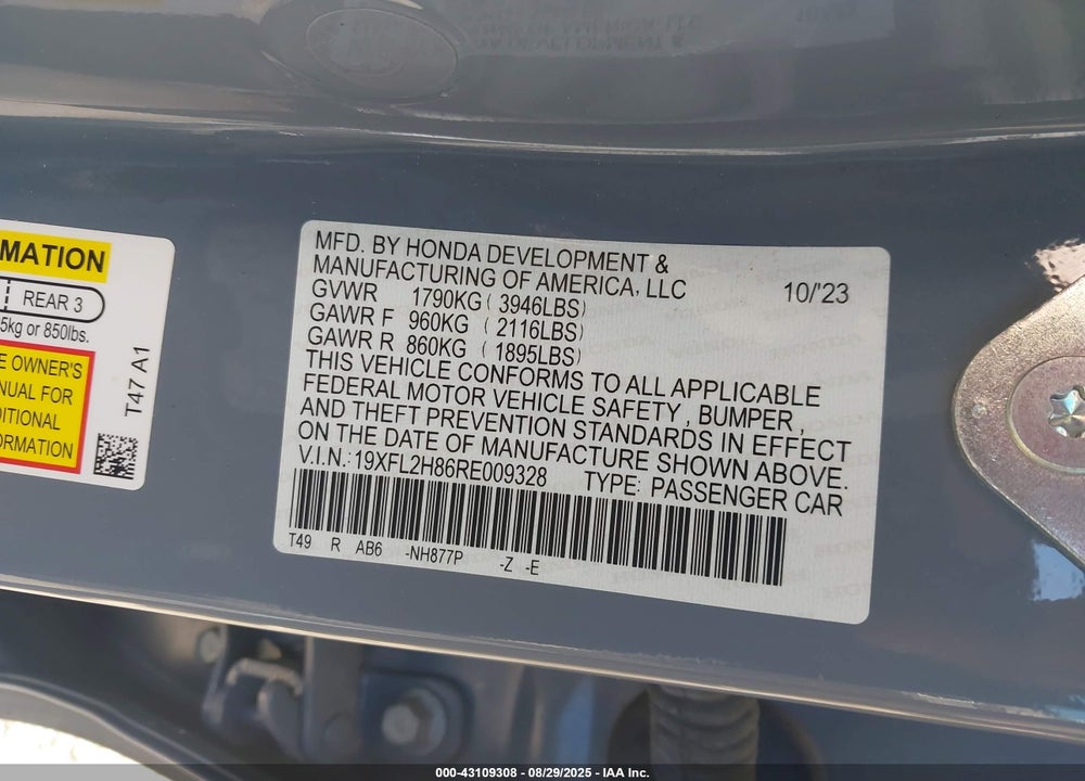 2024 HONDA CIVIC SPORT VIN: 19XFL2H86RE009328