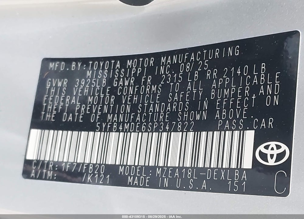 2025 TOYOTA COROLLA LE VIN: 5YFB4MDE6SP347822