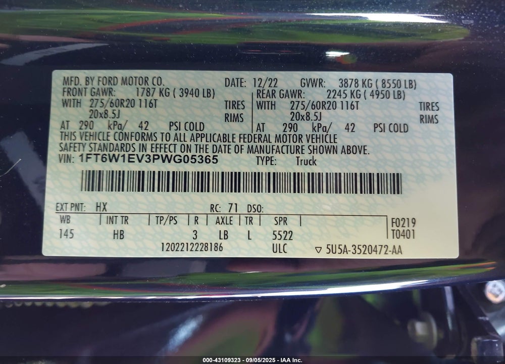 2023 FORD F-150 LIGHTNING VIN: 1FT6W1EV3PWG05365