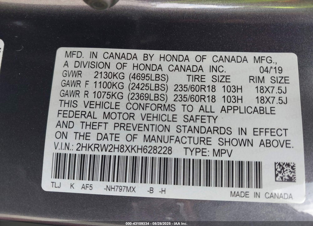 2019 HONDA CR-V VIN: 2HKRW2H8XKH628228