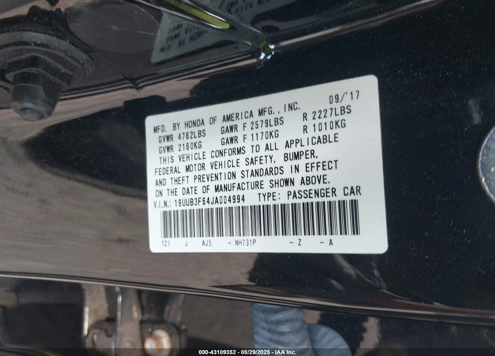 2018 ACURA TLX VIN: 19UUB3F64JA004994