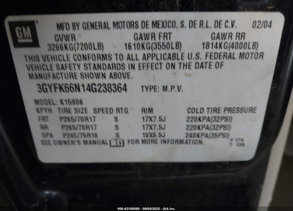 2004 CADILLAC ESCALADE ESV STANDARD VIN: 3GYFK66N14G238364