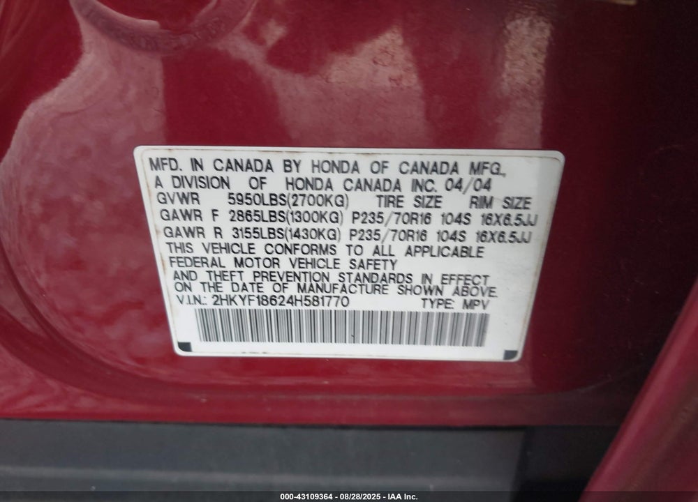 2004 HONDA PILOT EX-L VIN: 2HKYF18624H581770