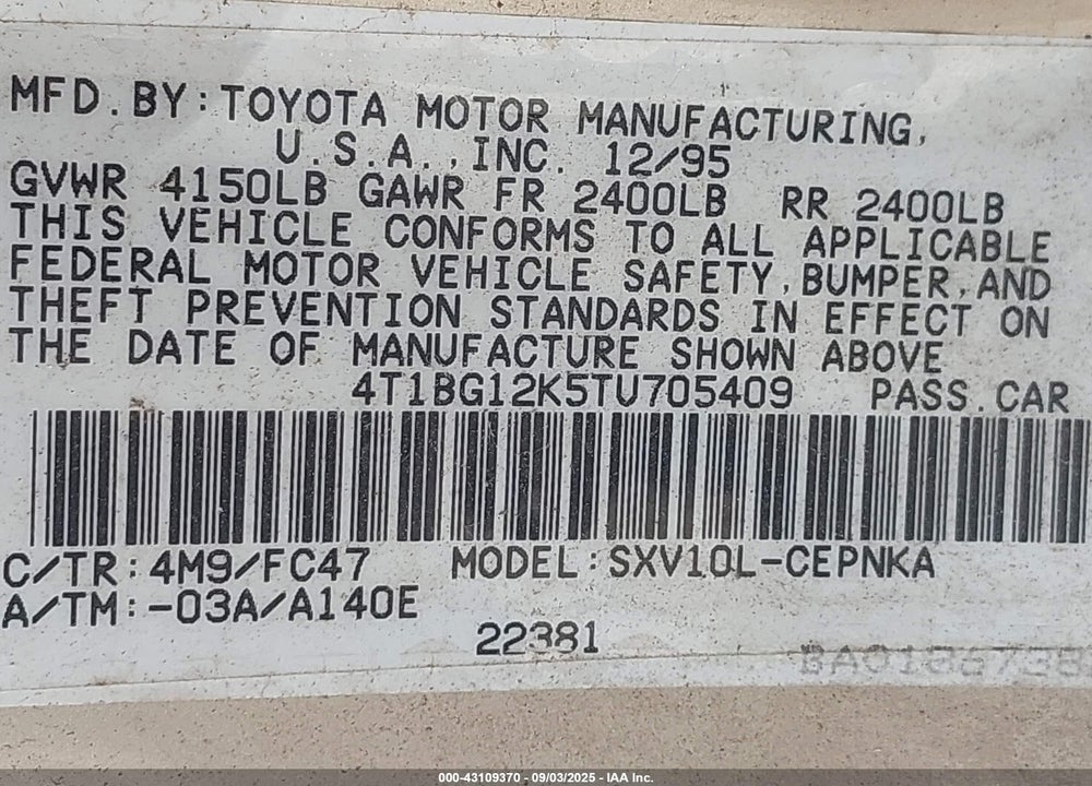 1996 TOYOTA CAMRY DX/LE/XLE VIN: 4T1BG12K5TU705409
