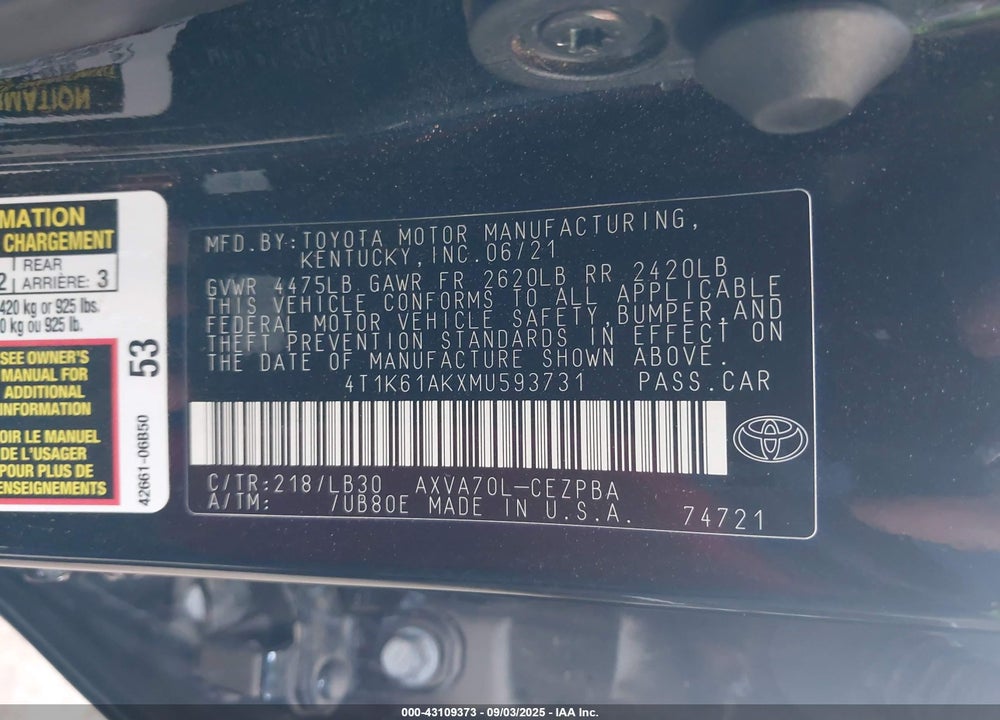 2021 TOYOTA CAMRY VIN: 4T1K61AKXMU593731