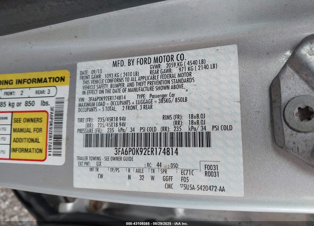 2014 FORD FUSION VIN: 3FA6P0K92ER174814