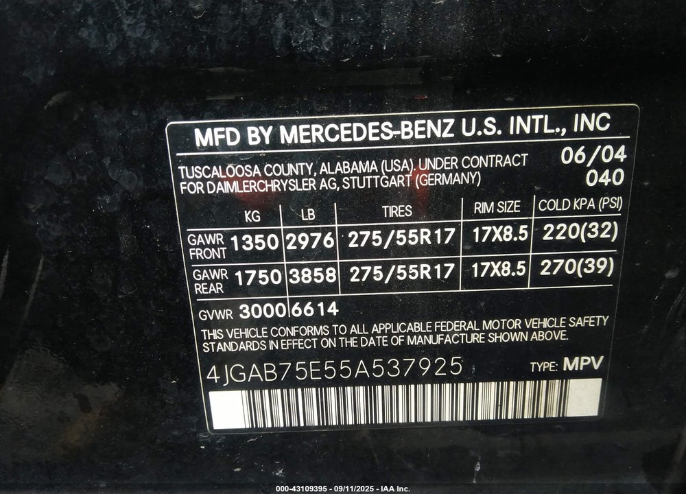 2005 MERCEDES-BENZ ML 500 VIN: 4JGAB75E55A537925