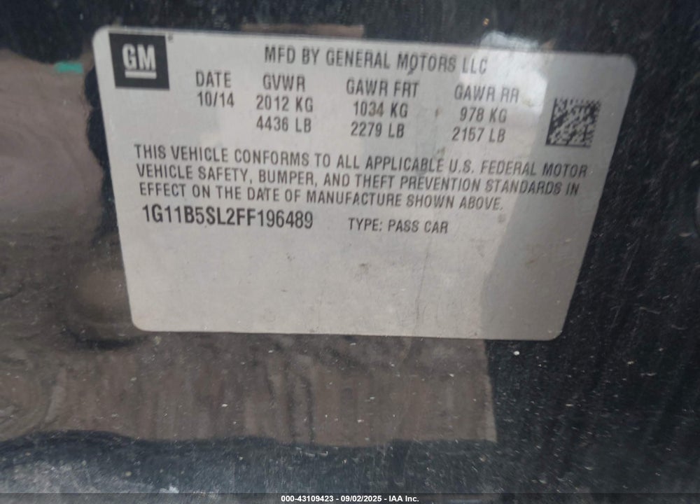 2015 CHEVROLET MALIBU VIN: 1G11B5SL2FF196489