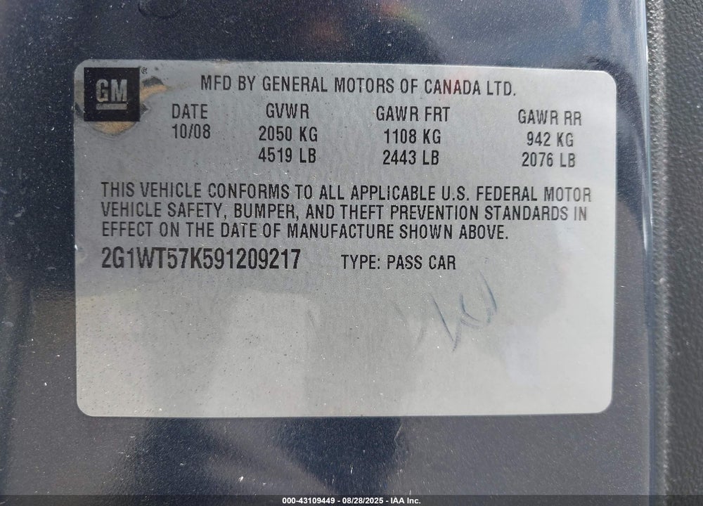 2009 CHEVROLET IMPALA VIN: 2G1WT57K591209217