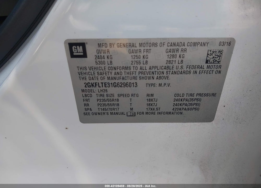 2016 GMC TERRAIN VIN: 2GKFLTE31G6296013