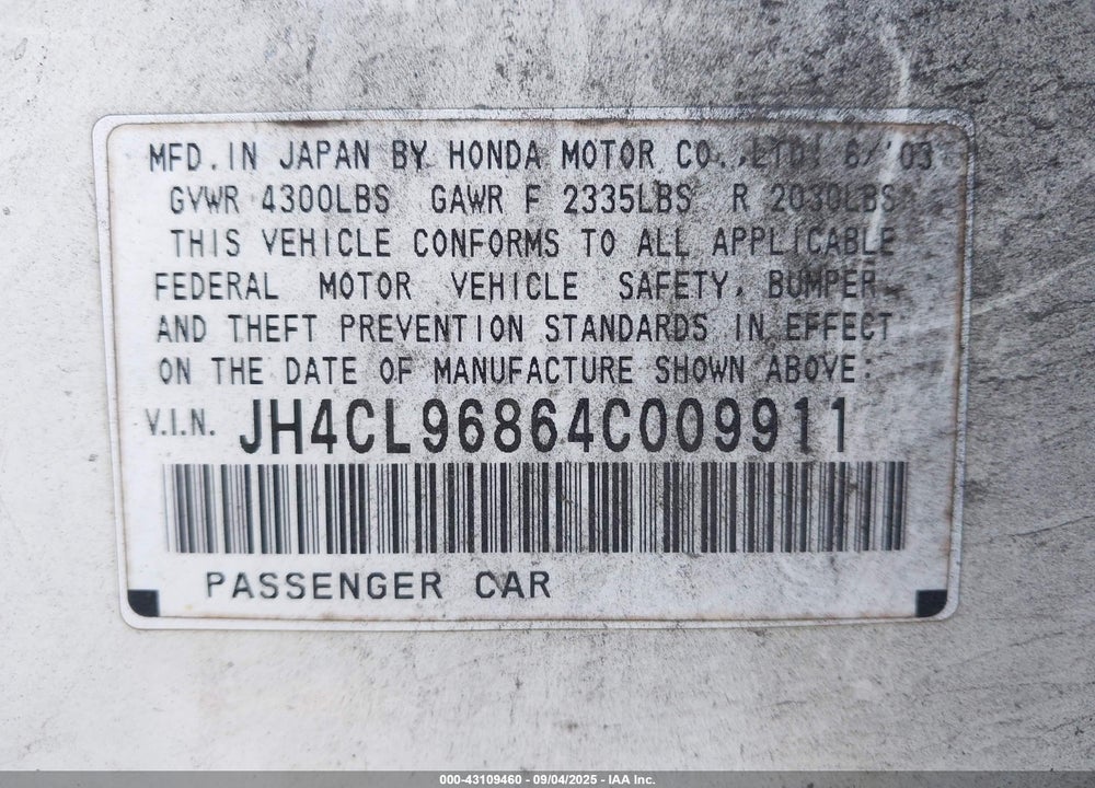 2004 ACURA TSX VIN: JH4CL96864C009911