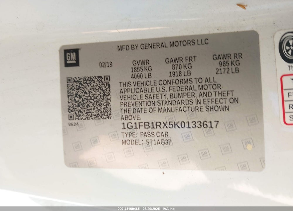 2019 CHEVROLET CAMARO VIN: 1G1FB1RX5K0133617