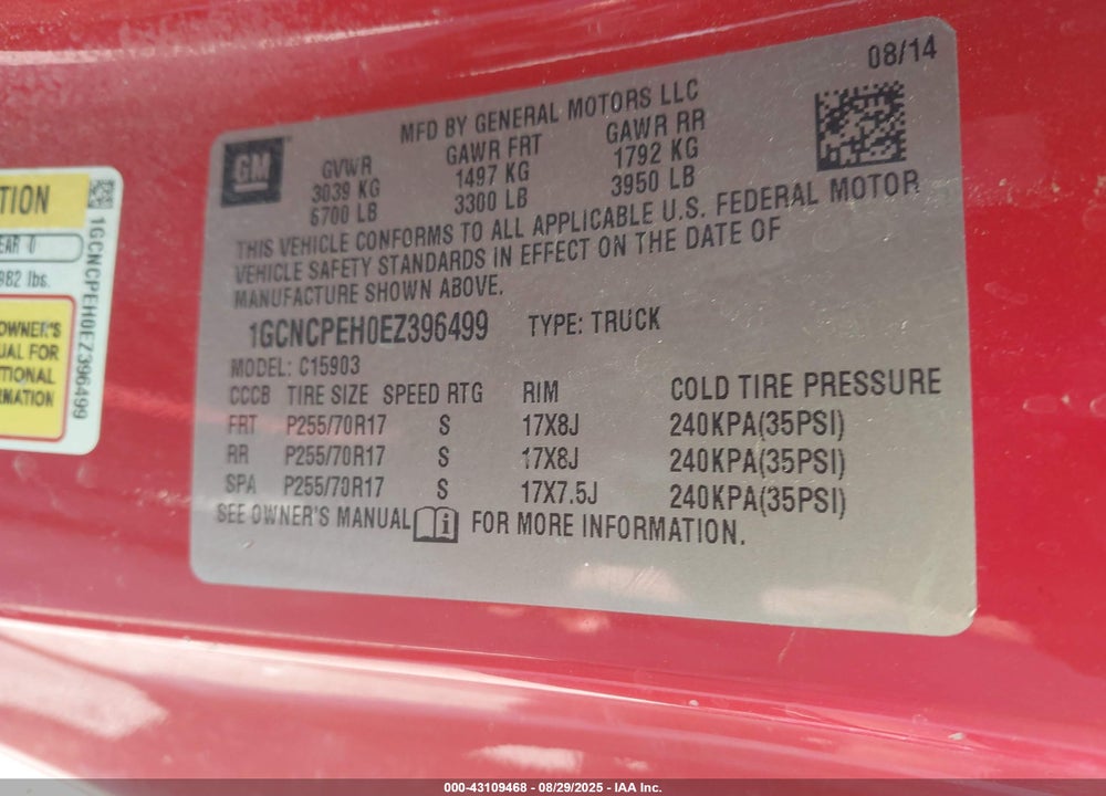 2014 CHEVROLET SILVERADO 1500 VIN: 1GCNCPEH0EZ396499