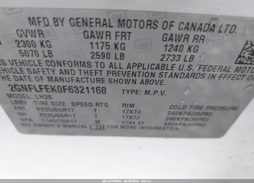 2015 CHEVROLET EQUINOX 1LT VIN: 2GNFLFEK0F6321168