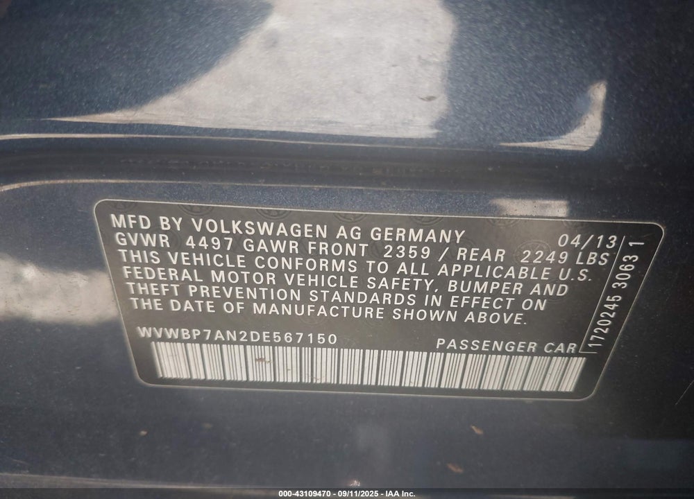 2013 VOLKSWAGEN CC VIN: WVWBP7AN2DE567150