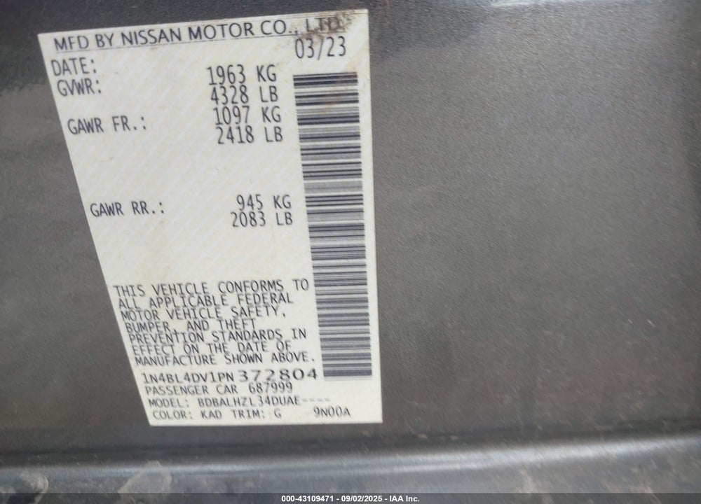2023 NISSAN ALTIMA VIN: 1N4BL4DV1PN372804