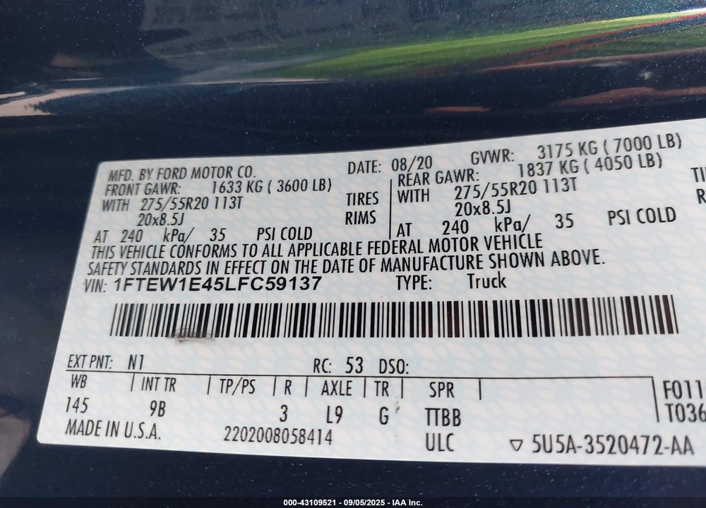 2020 FORD F-150 VIN: 1FTEW1E45LFC59137