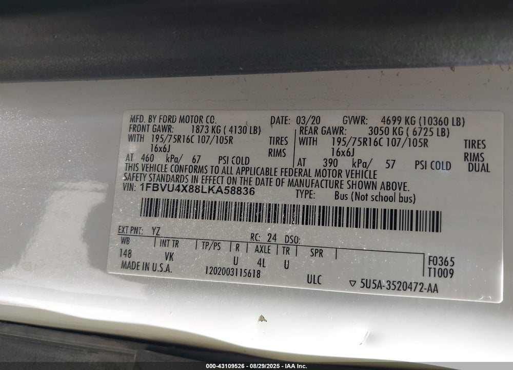 2020 FORD TRANSIT-350 PASSENGER VAN XL VIN: 1FBVU4X88LKA58836