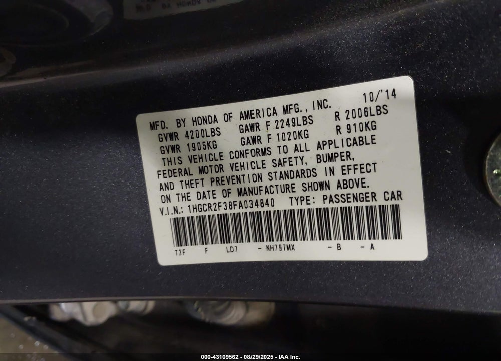 2015 HONDA ACCORD VIN: 1HGCR2F38FA034840