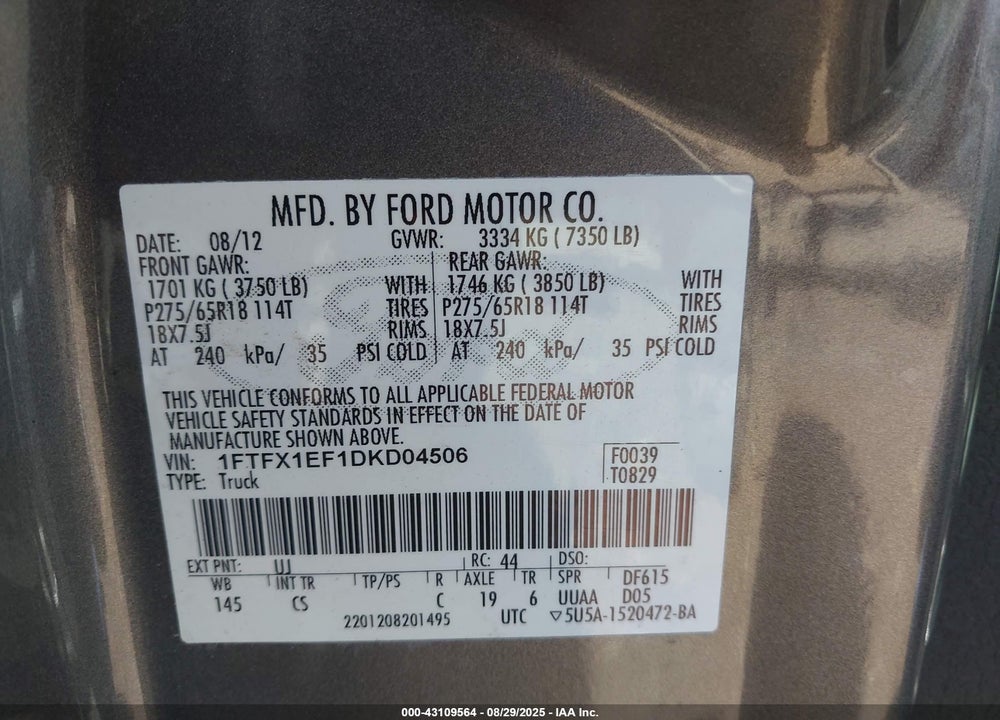 2013 FORD F-150 VIN: 1FTFX1EF1DKD04506