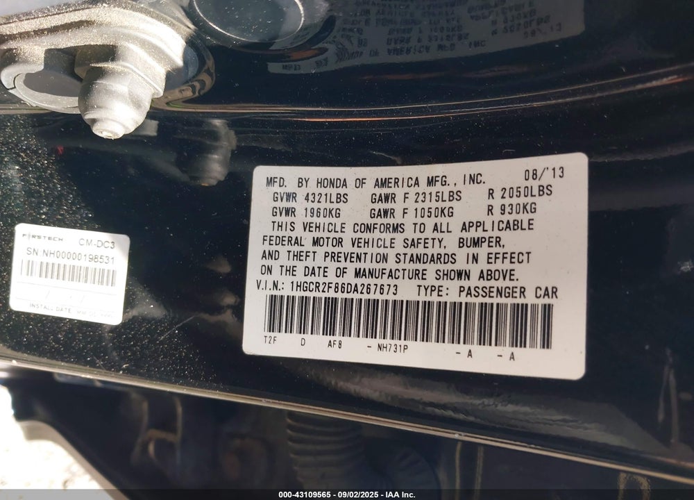 2013 HONDA ACCORD VIN: 1HGCR2F86DA267673