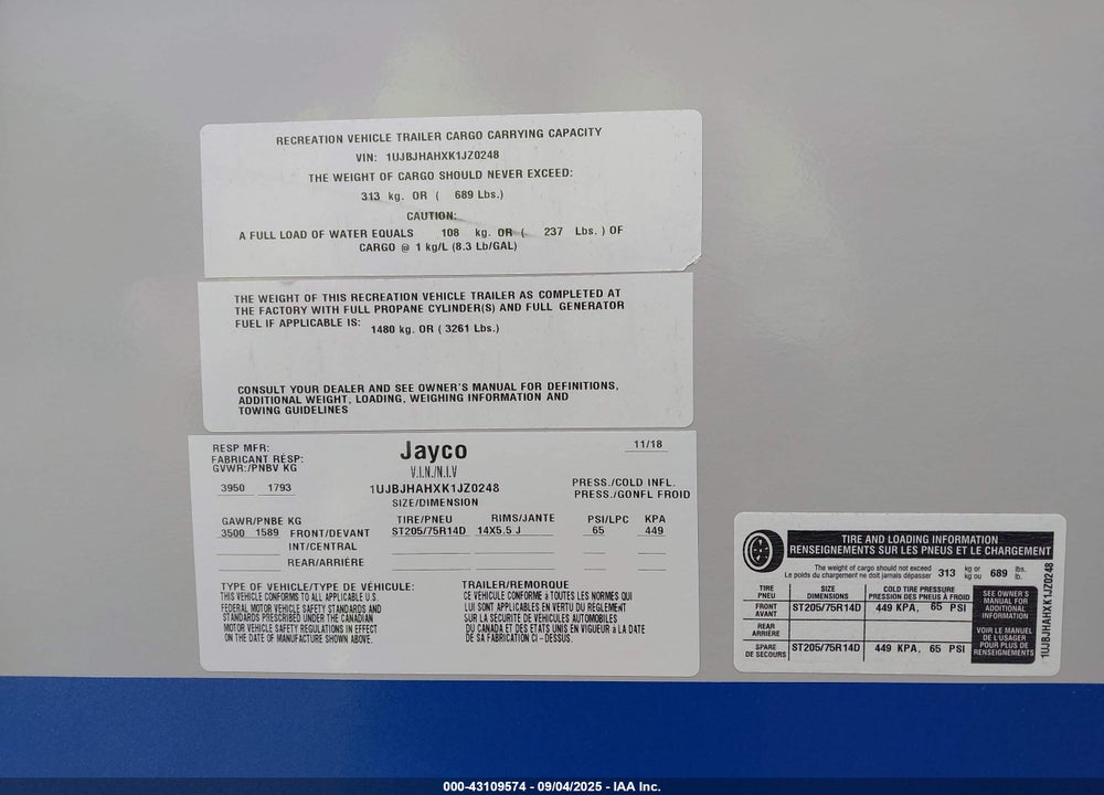 2019 JAYCO JAY FEATHER X17Z TRAVEL TRAILER VIN: 1UJBJHAHXK1JZ0248