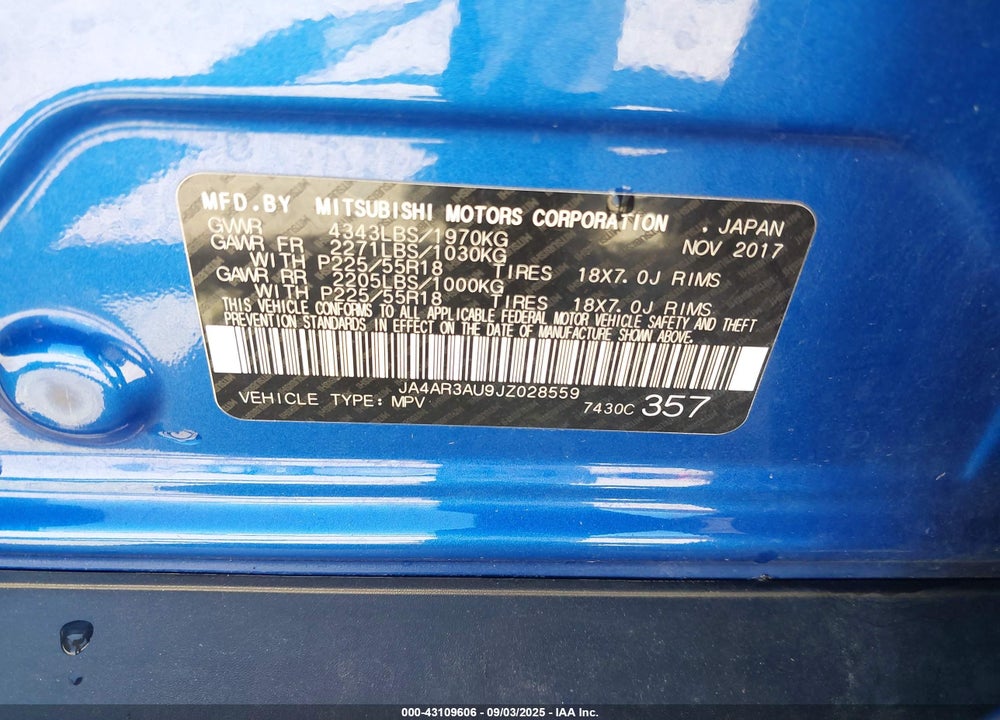 2018 MITSUBISHI OUTLANDER SPORT VIN: JA4AR3AU9JZ028559