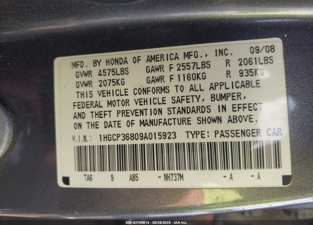 2009 HONDA ACCORD 3.5 EX-L VIN: 1HGCP36809A015923