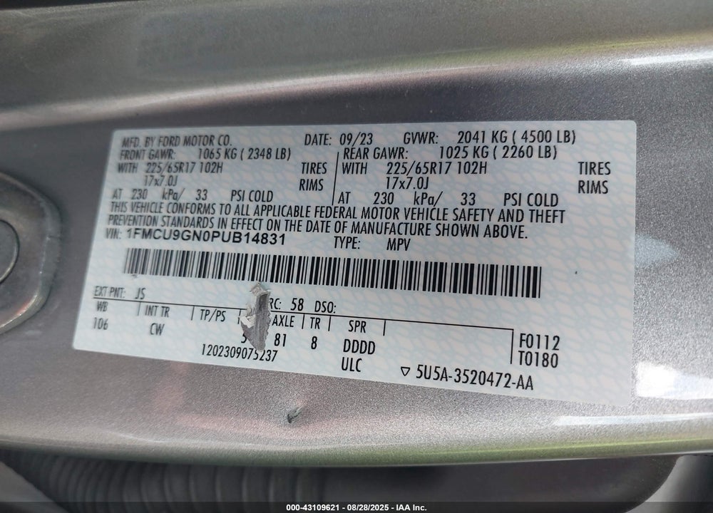 2023 FORD ESCAPE VIN: 1FMCU9GN0PUB14831