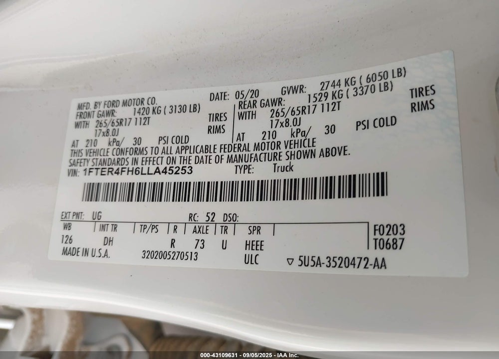 2020 FORD RANGER LARIAT VIN: 1FTER4FH6LLA45253