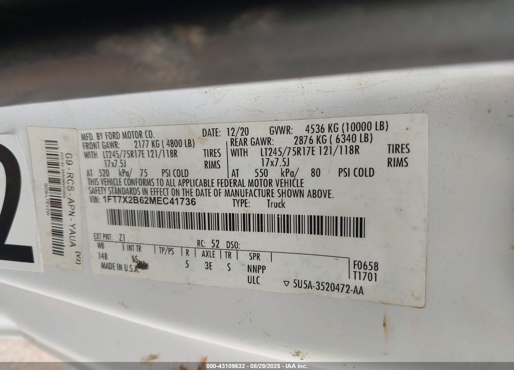 2021 FORD F-250 VIN: 1FT7X2B62MEC41736
