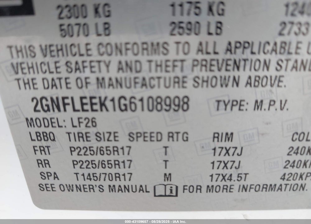 2016 CHEVROLET EQUINOX VIN: 2GNFLEEK1G6108998