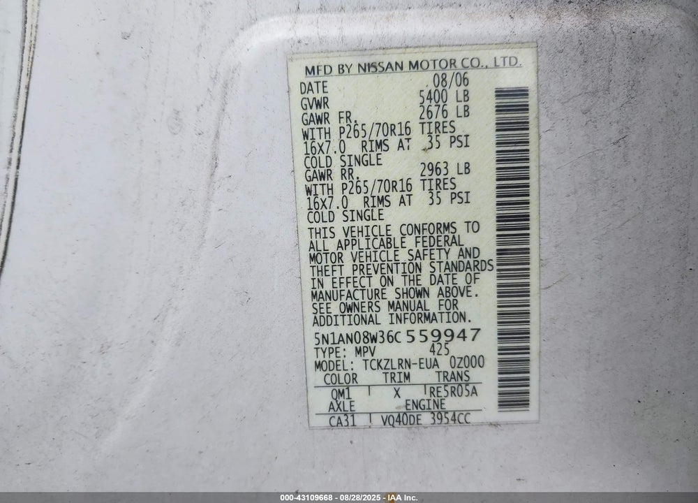 2006 NISSAN XTERRA VIN: 5N1AN08W36C559947