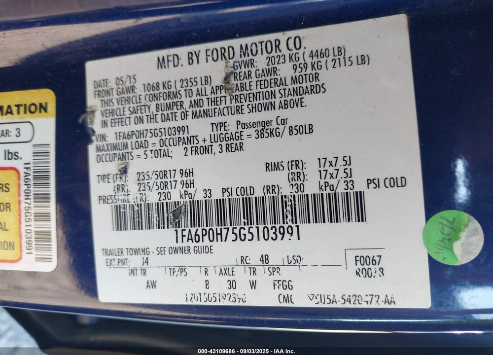 2016 FORD FUSION SE VIN: 1FA6P0H75G5103991