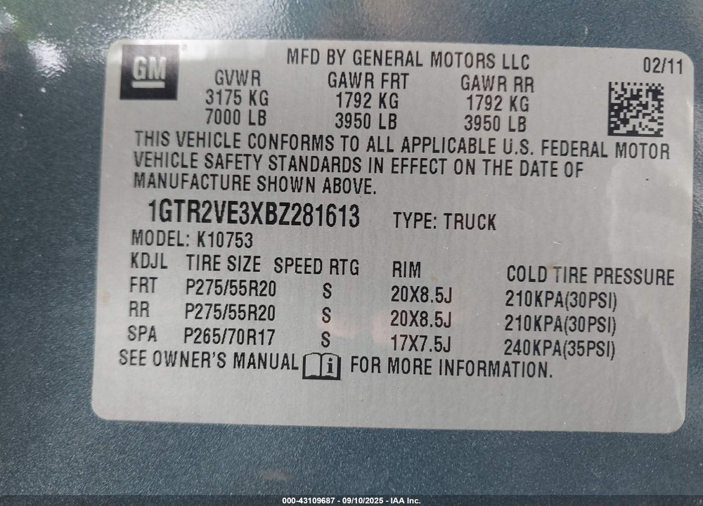 2011 GMC SIERRA 1500 VIN: 1GTR2VE3XBZ281613