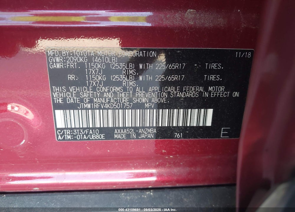 2019 TOYOTA RAV4 VIN: JTMW1RFV4KD501757