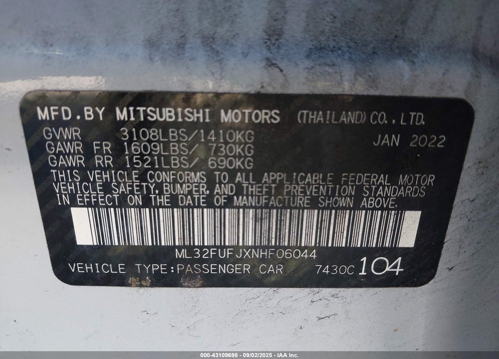 2022 MITSUBISHI MIRAGE VIN: ML32FUFJXNHF06044
