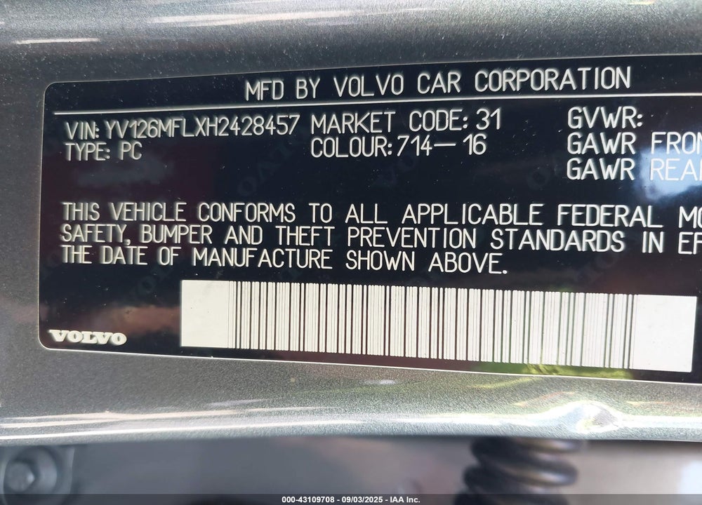 2017 VOLVO S60 VIN: YV126MFLXH2428457