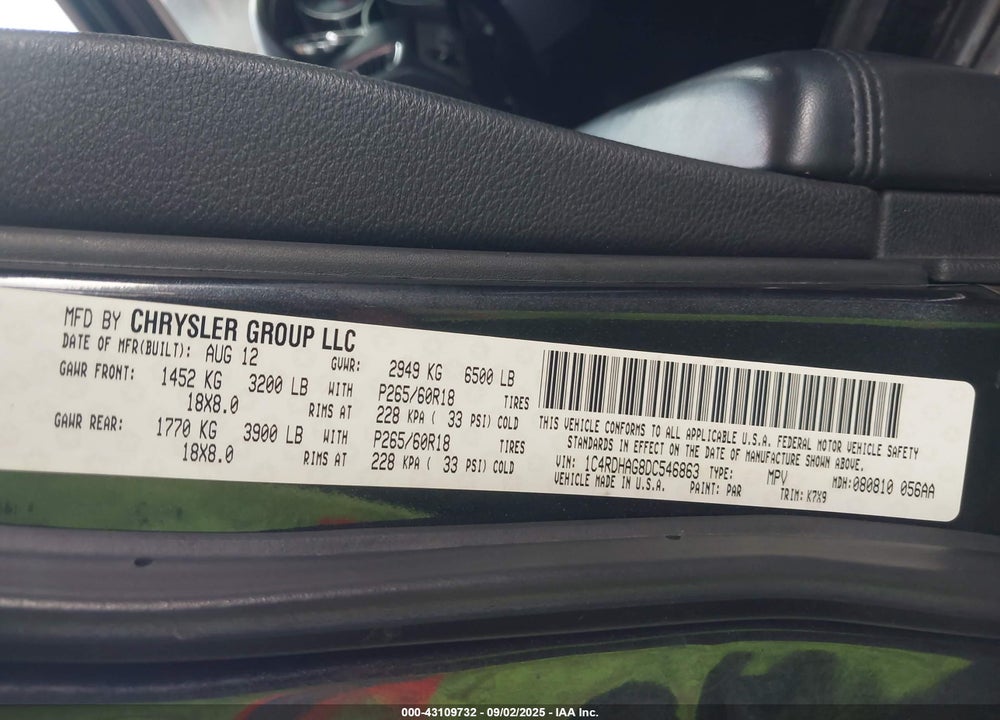 2013 DODGE DURANGO VIN: 1C4RDHAG8DC546863