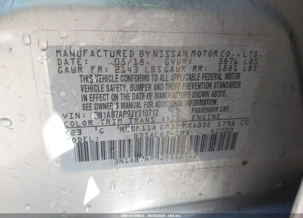 2018 NISSAN SENTRA VIN: 3N1AB7AP9JY310712