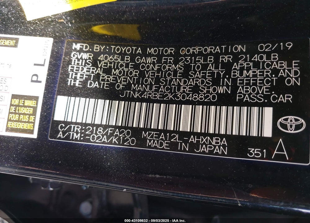 2019 TOYOTA COROLLA SE VIN: JTNK4RBE2K3048820
