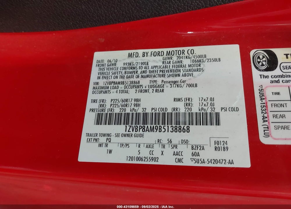 2011 FORD MUSTANG V6 VIN: 1ZVBP8AM9B5138868