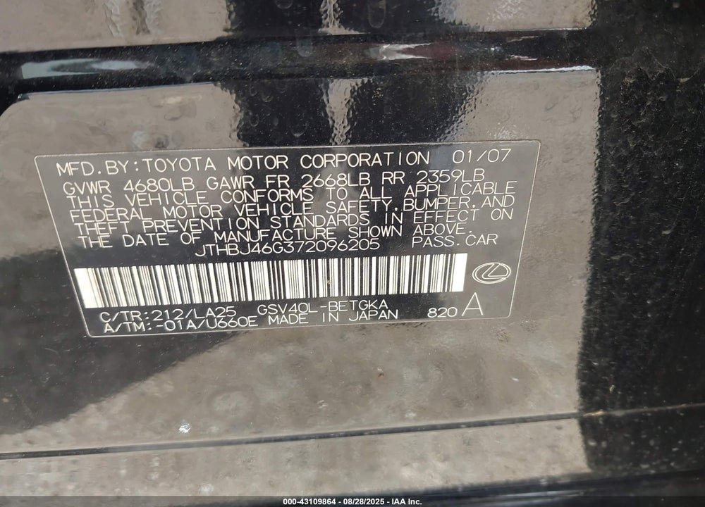 2007 LEXUS ES 350 VIN: JTHBJ46G372096205