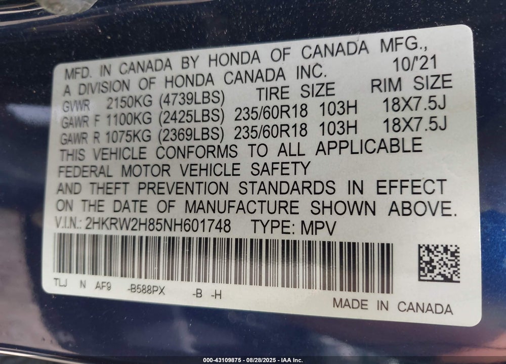 2022 HONDA CR-V AWD EX-L VIN: 2HKRW2H85NH601748