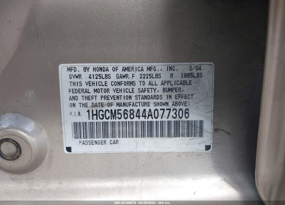 2004 HONDA ACCORD 2.4 EX VIN: 1HGCM56844A077306