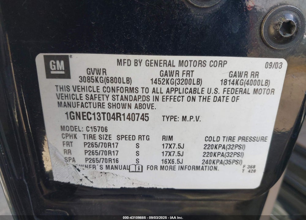 2004 CHEVROLET TAHOE LS VIN: 1GNEC13T04R140745