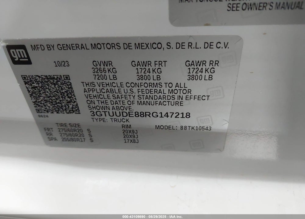 2024 GMC SIERRA 1500 VIN: 3GTUUDE88RG147218