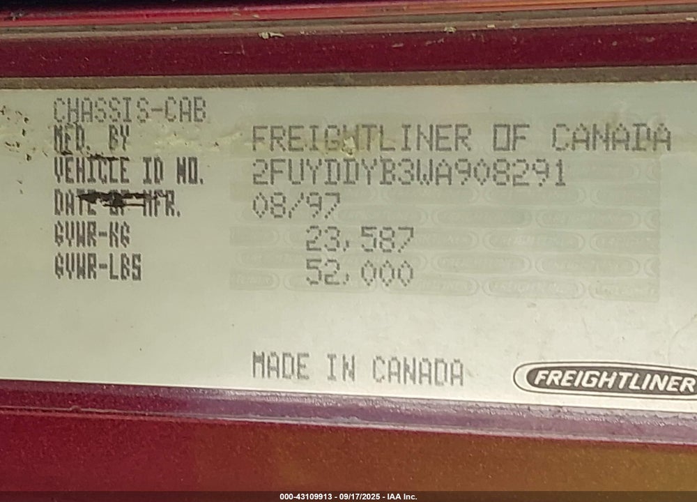 1998 FREIGHTLINER CONVENTIONAL FLD120 VIN: 2FUYDDYB3WA908291