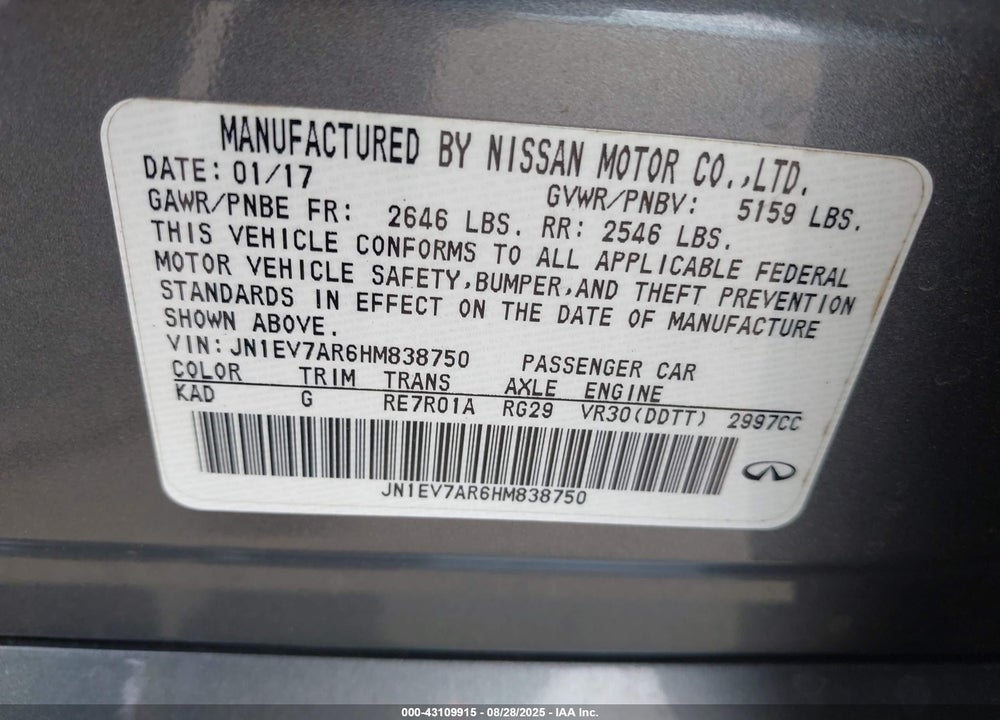 2017 INFINITI Q50 VIN: JN1EV7AR6HM838750